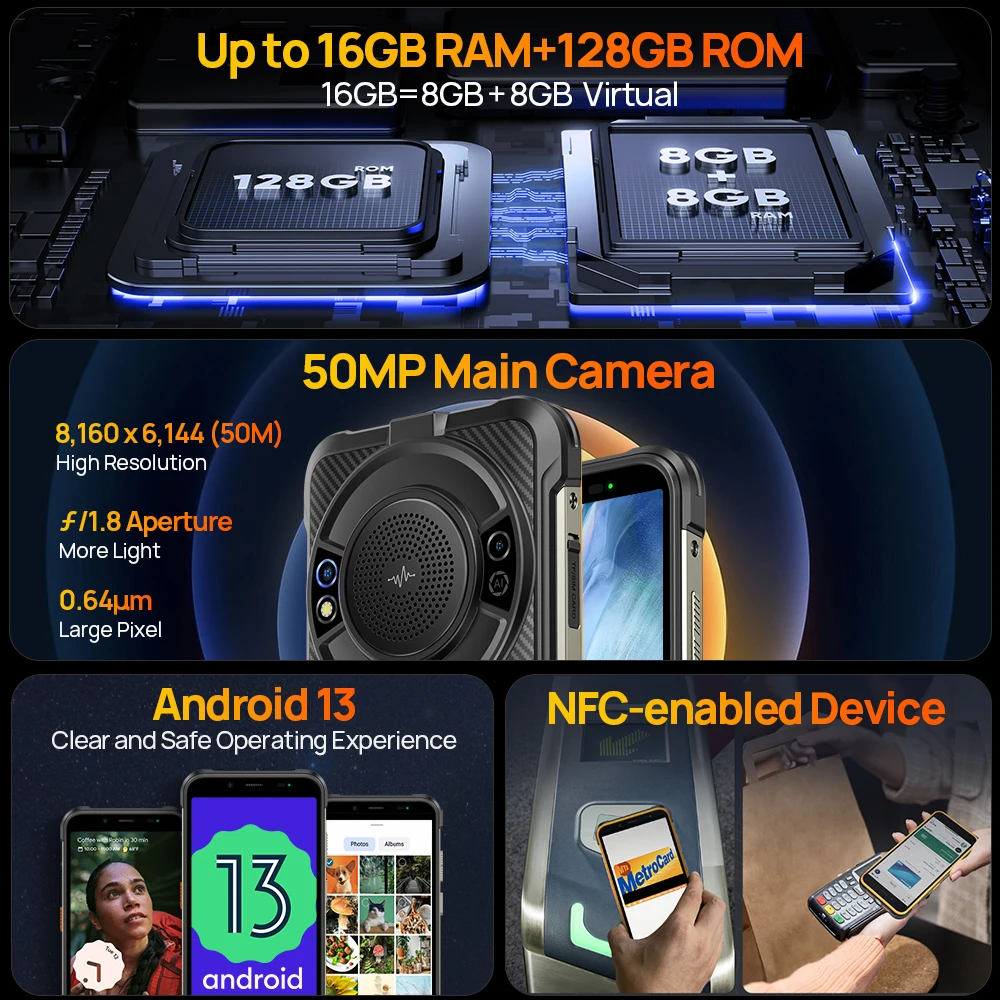 Ulefone Power Armor 16S Rugged Smartphone, wasserdicht, NFC, 16 GB+128 GB, 50 MP Kamera, 9.600 mAh Akku, Android 13 – Bild 5