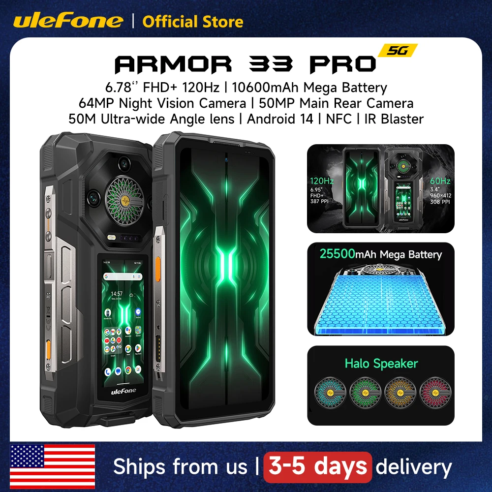 Ulefone Armor 33 Pro 5G Outdoor-Smartphone, 25500mAh Akku, 512GB Speicher, 6,59" 120Hz + 3,4" Rückdisplay, NFC, Android